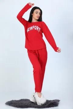 Kadın Baskılı Ribanalı Pijama Takımı Kırmızı