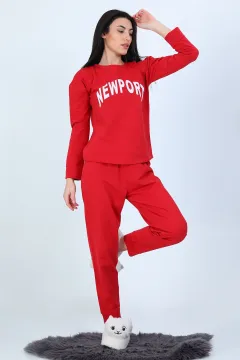 Kadın Baskılı Ribanalı Pijama Takımı Kırmızı