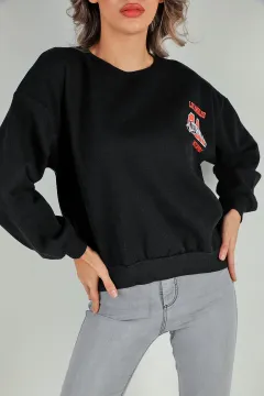 Kadın Baskılı Şardonlu Sweatshirt Siyah