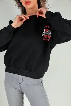 Kadın Baskılı Şardonlu Sweatshirt Siyah