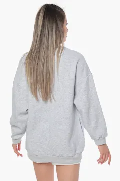 Kadın Baskılı Şardonlu Üç İplik Sweatshirt Gri