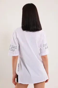 Kadın Baskılı Yan Yırtmaçlı T-shirt Beyaz