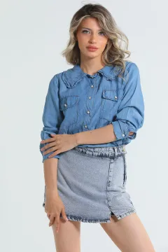 Kadın Bebe Yaka Jean Gömlek Tunik Mavi