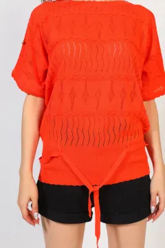 Kadın Bel Bağlamalı Mevsimlik Triko Bluz Orange