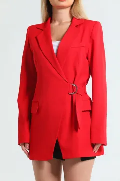 Kadın Bel Bağlamalı Sahte Cep Detayl Astarlıı Uzun Blazer Ceket Kırmızı