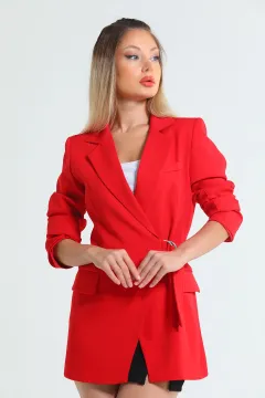 Kadın Bel Bağlamalı Sahte Cep Detayl Astarlıı Uzun Blazer Ceket Kırmızı