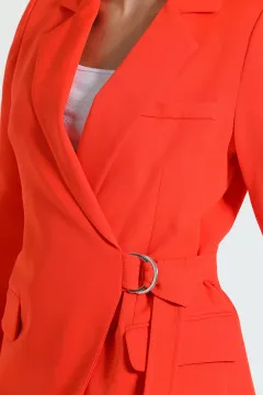 Kadın Bel Bağlamalı Sahte Cep Detayl Astarlıı Uzun Blazer Ceket Orange