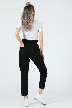 Kadın Bel Büzgülü Mom Jeans Pantolon Siyah