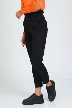 Kadın Bel Büzgülü Yüksek Bel Mom Jeans Pantolon Siyah