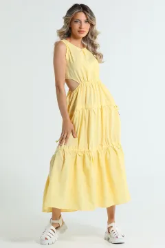Kadın Bel Dekolteli Eteği Bağcık Detaylı Sıfır Kol Yazlık Elbise Sarı
