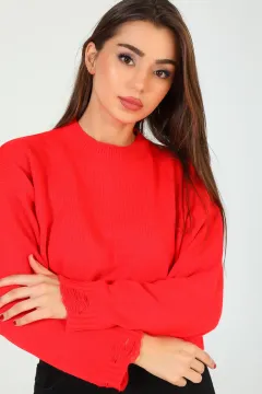 Kadın Bel Detaylı Triko Kazak Kırmızı