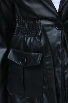Kadın Bel Lastikli Deri Ceket Siyah