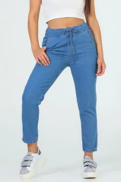 Kadın Bel Lastikli Mom Jeans Pantolon Mavi