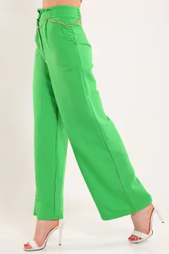 Kadın Bel Zincir Detaylı Bol Paça Pantolon Yeşil