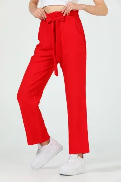 Kadın Beli Fırfırlı Kemerli Geniş Paça Pantolon Kırmızı