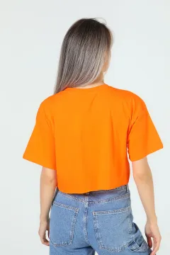 Kadın Bisiklet Yaka Baskılı Crop T-shirt Orange