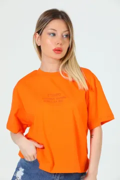 Kadın Bisiklet Yaka Baskılı Oversize T-shirt Orange