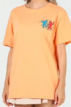 Kadın Bisiklet Yaka Baskılı Salaş T-shirt Açık Orange