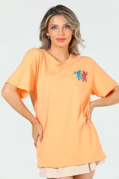 Kadın Bisiklet Yaka Baskılı Salaş T-shirt Açık Orange
