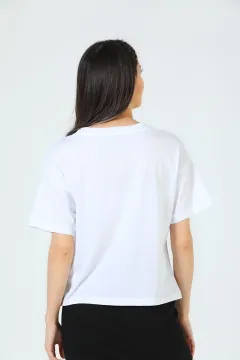 Kadın Bisiklet Yaka Baskılı T-shirt Beyaz