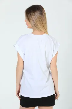 Kadın Bisiklet Yaka Baskılı T-shirt Beyaz