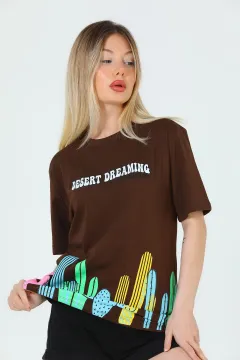 Kadın Bisiklet Yaka Baskılı T-shirt Kahve
