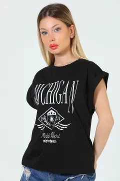 Kadın Bisiklet Yaka Baskılı T-shirt Siyah
