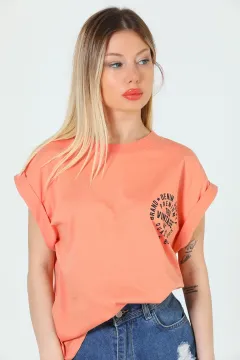 Kadın Bisiklet Yaka Baskılı T-shirt Somon