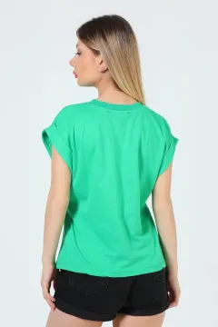 Kadın Bisiklet Yaka Baskılı T-shirt Yeşil