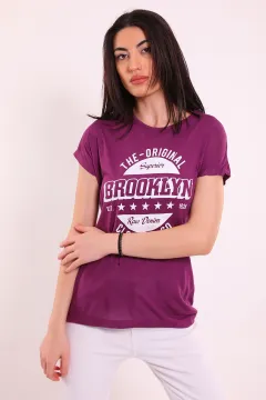 Kadın Bisiklet Yaka Brooklyn Baskılı T-shirt Mürdüm
