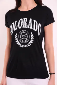Kadın Bisiklet Yaka Colarado Baskılı T-shirt Siyah