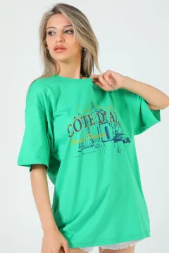Kadın Bisiklet Yaka Cote Dazur Baskılı Oversize T-shirt Yeşil