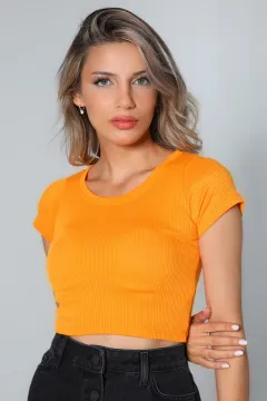 Kadın Bisiklet Yaka Crop T-shirt Orange