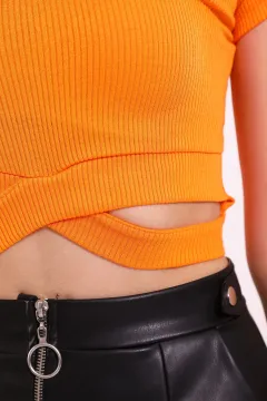 Kadın Bisiklet Yaka Fitilli Bel Çapraz Crop T-shirt Orange