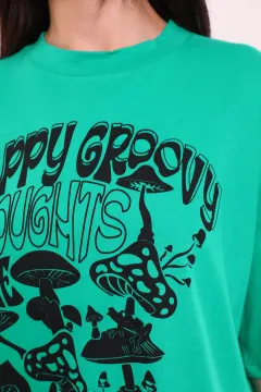 Kadın Bisiklet Yaka Happy Groovy Baskılı Oversize T-shirt Yeşil