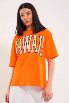 Kadın Bisiklet Yaka Hawaı Baskılı Salaş T-shirt Orange