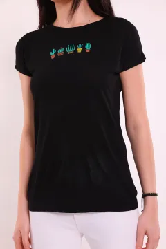 Kadın Bisiklet Yaka Kaktüs Baskılı T-shirt Siyah