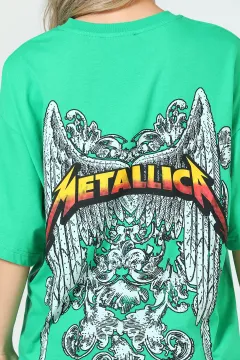 Kadın Bisiklet Yaka Metallica Baskılı Oversize T-shirt Yeşil
