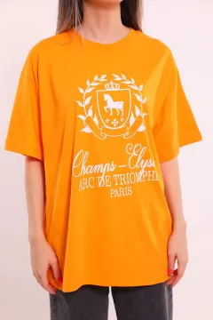 Kadın Bisiklet Yaka Ön Baskılı Oversize T-shirt Orange