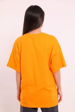 Kadın Bisiklet Yaka Ön Baskılı Oversize T-shirt Orange