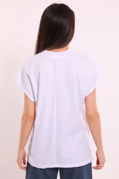 Kadın Bisiklet Yaka Ön Baskılı Oversize T-shirt Beyaz