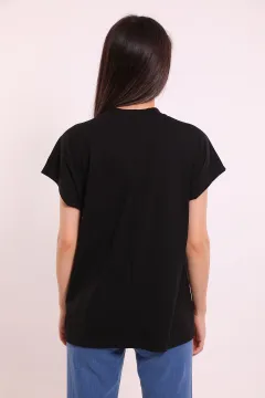 Kadın Bisiklet Yaka Ön Baskılı Oversize T-shirt Siyah