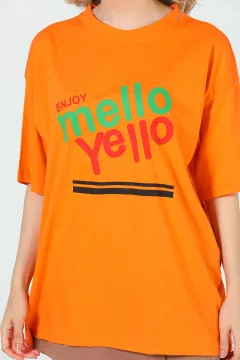 Kadın Bisiklet Yaka Ön Baskılı Salaş T-shirt Orange