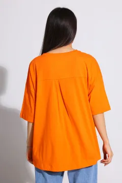 Kadın Bisiklet Yaka Ön Büzgülü Salaş T-shirt Orange