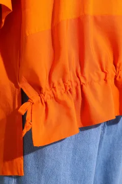 Kadın Bisiklet Yaka Ön Büzgülü Salaş T-shirt Orange