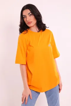 Kadın Bisiklet Yaka Ön Ve Arka Yüzü Yazı Baskılı Oversize T-shirt Orange