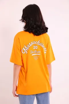 Kadın Bisiklet Yaka Ön Ve Arka Yüzü Yazı Baskılı Oversize T-shirt Orange