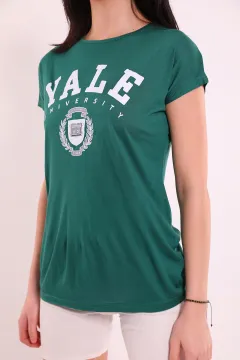 Kadın Bisiklet Yaka Ön Yazı Baskılı T-shirt Yeşil