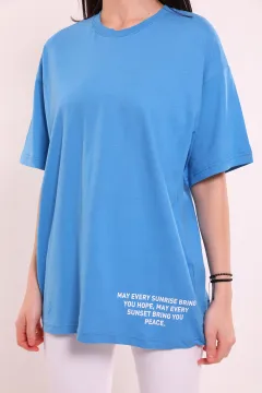 Kadın Bisiklet Yaka Oversize T-shirt Mavi