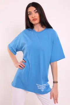 Kadın Bisiklet Yaka Oversize T-shirt Mavi